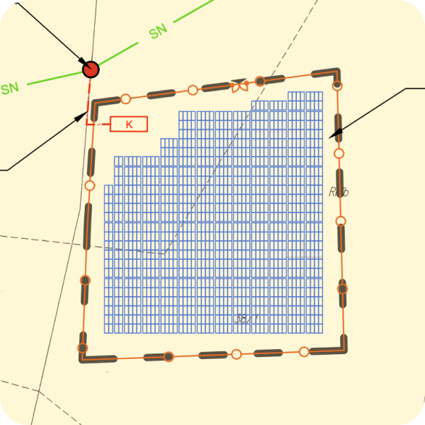 duży grunt pozyskany i zaprojektowany pod powstanie farmy fotowoltaicznej