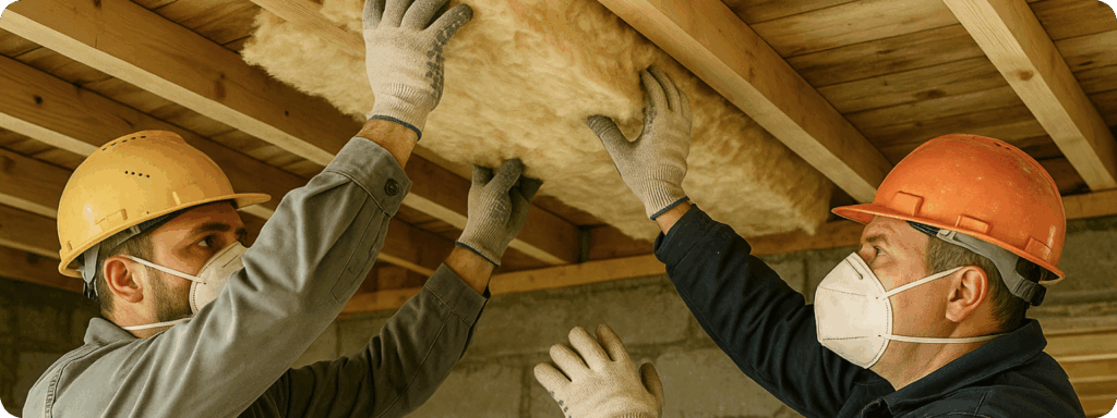 dwóch robotników w kaskach, ocieplający strop starego domu, robiący kompleksową termomodernizację