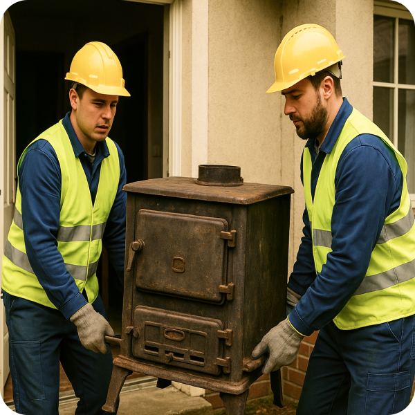 dwóch pracowników w żółtych kaskach wymieniających żródło ciepła, wynoszący stary piec