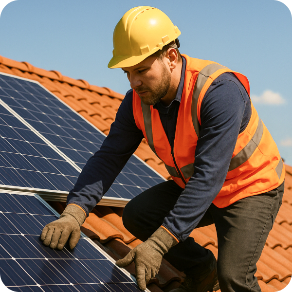 Mężczyzna montujący fotowoltaikę, robotnik w żółtym kasku i pomarańczowej kamizelce, panele fotowoltaiczne