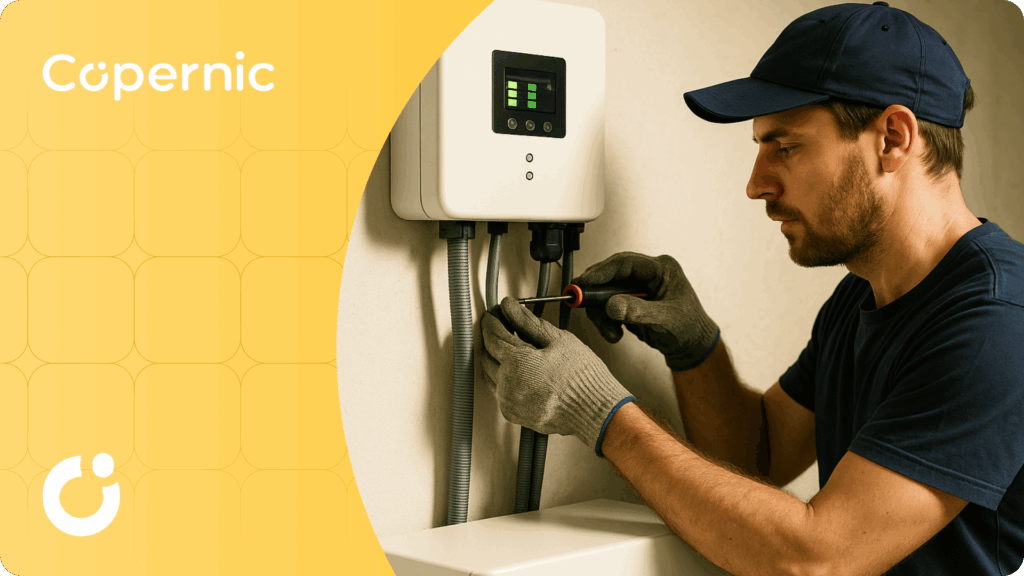 mężczyzna montujący magazyn energii w domu jednorodzinnym